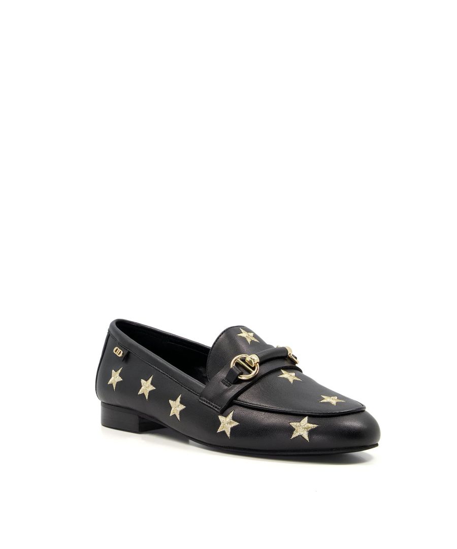 We've added a Dune London twist to our Glancing loafers. Designed with a timeless equestrian snaffle trim, the stylish star embroidered detail offers a trend-led twist, making the ultimate style statement when teamed with any formal or smart-casual l