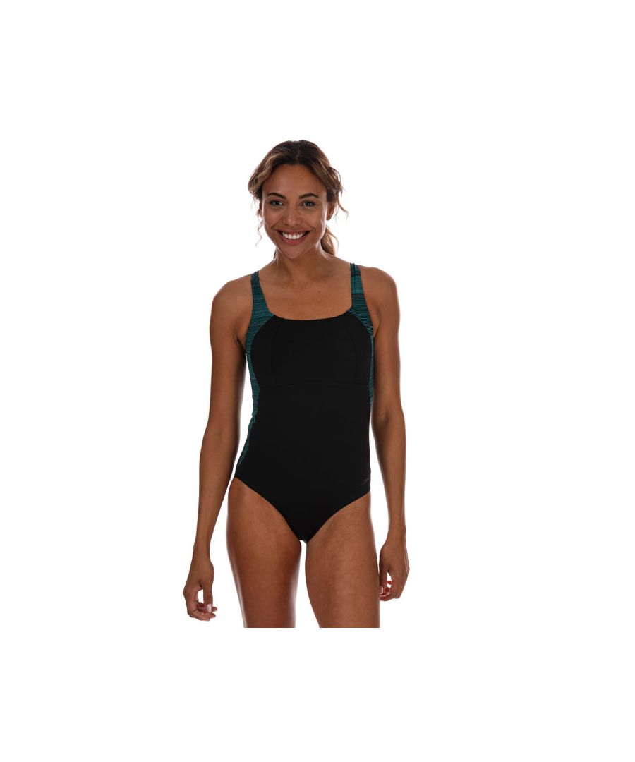 Womens Speedo Sculpture Lunalustre Swimsuit in black - blue.Body shaping swimsuit  from the Speedo Sculpture collection.- ShapeComprexUltra fabric comfortably shapes and controls the tummy and waist.- XtraLife Lycra fits like new for longer with increased chlorine resistance.- Cut to shape and flatter your bust for comfort  fit and confidence.- Flattering square neckline balances the hips.- Soft and smooth adjustable straps enhance security and fit.- Flattering V-back.- Medium bust support.- Body: 69% Nylon  31% Elastane.  Lining: 100% Polyester.  Machine washable.- Ref: 8-10835F362Please note that returns will only be accepted if the hygiene label is still attached to the product.