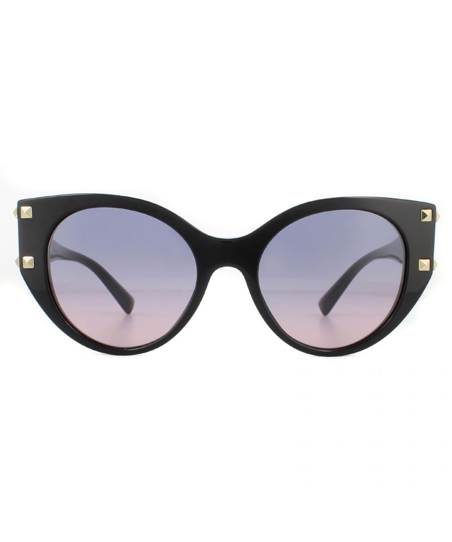 Valentino Sunglasses VA4068 5001I6 Black Pink Violet Gradient are an exaggerated cat eye design crafted from chunky acetate and features metal stud detailing on the outer corners of the frame.