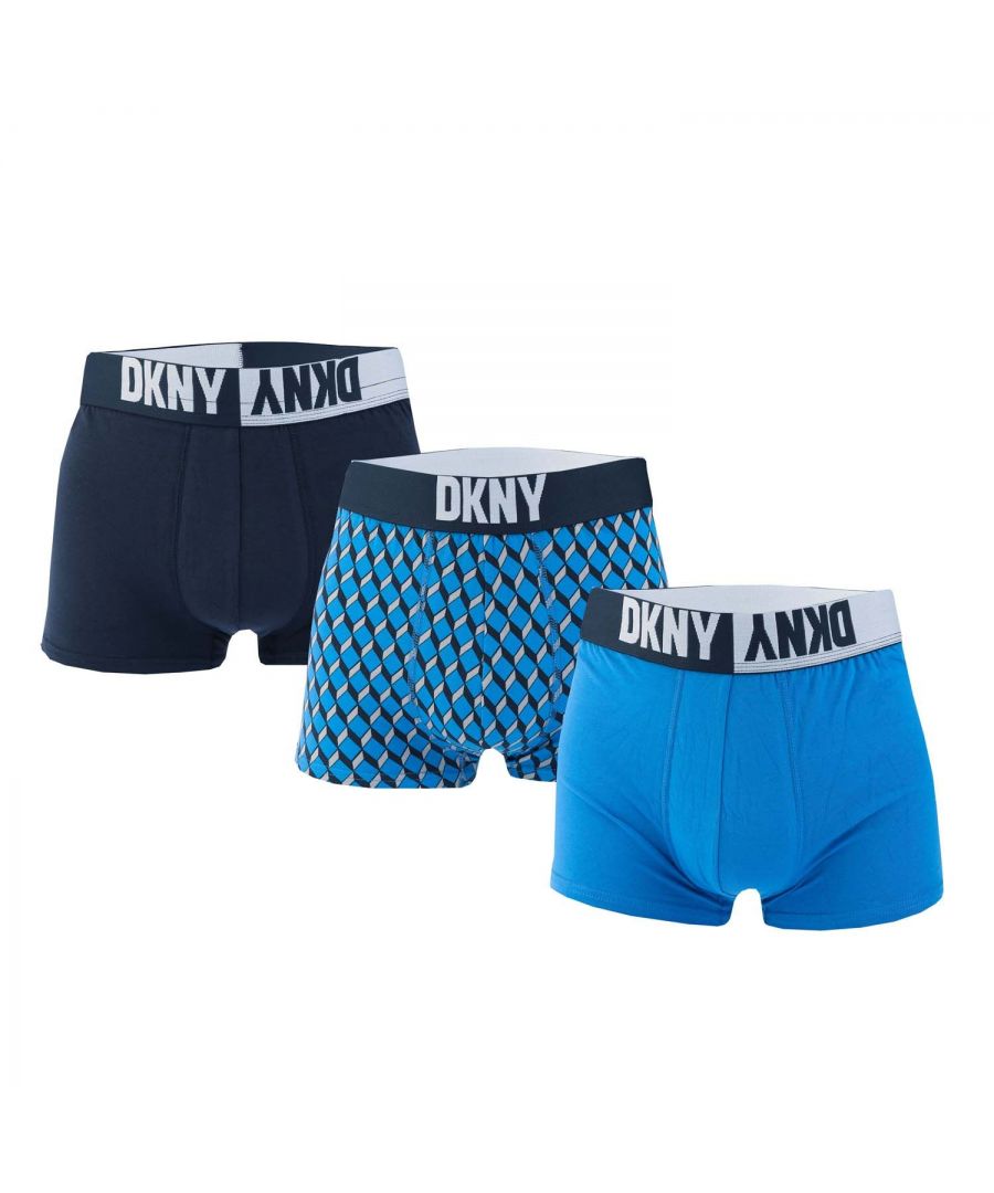Mens DKNY Yuma 3 Pack Trunk Boxer Shorts in blue.- Branded elasticated waistband.- Three pack stretch cotton trunks.- Soft construction.- Reinforced pouch.- DKNY branding.- 95% Cotton  5% Elastane.- Ref: U561771DKYAS = 30-32inM = 33-35inL = 36-38inXL = 39-41 inchWe regret that underwear is non-returnable due to hygiene reasons.