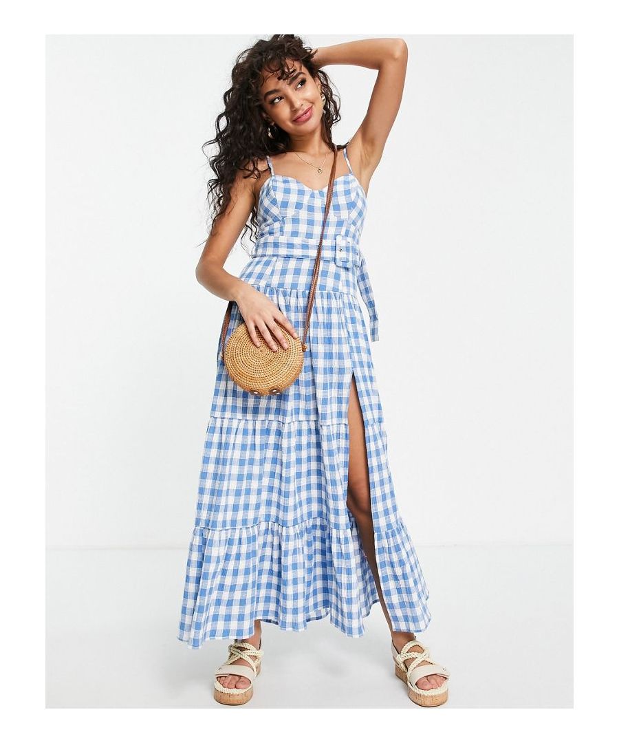 Petite dress by ASOS DESIGN Daywear dressing done right Sweetheart neck Adjustable straps Belted waist Thigh split Shirred, stretch back Regular fit  Sold By: Asos