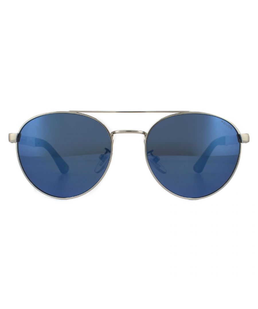 Police Sunglasses SPL891 Origins 4 579B Shiny Palladium Smoke Blue Mirror  are a round style with a double bridge, a metal frame front and plastic temples. The Police gothic logo is featured on each temple for brand authenticity