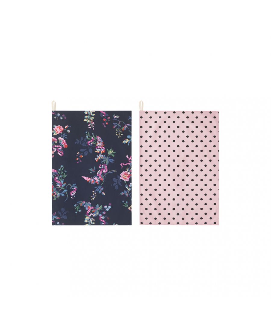 New Birds and Roses Set of 2 Tea Towels  - Navy Blue
