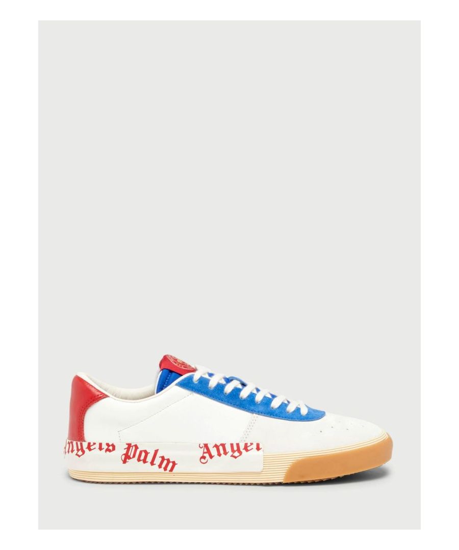 White suede sneakers with a blue detail on the upper and a red one on the heel. They feature lace-up closure, Palm Angels red logo printed on the sides and vulcanized sole in white and beige rubber.