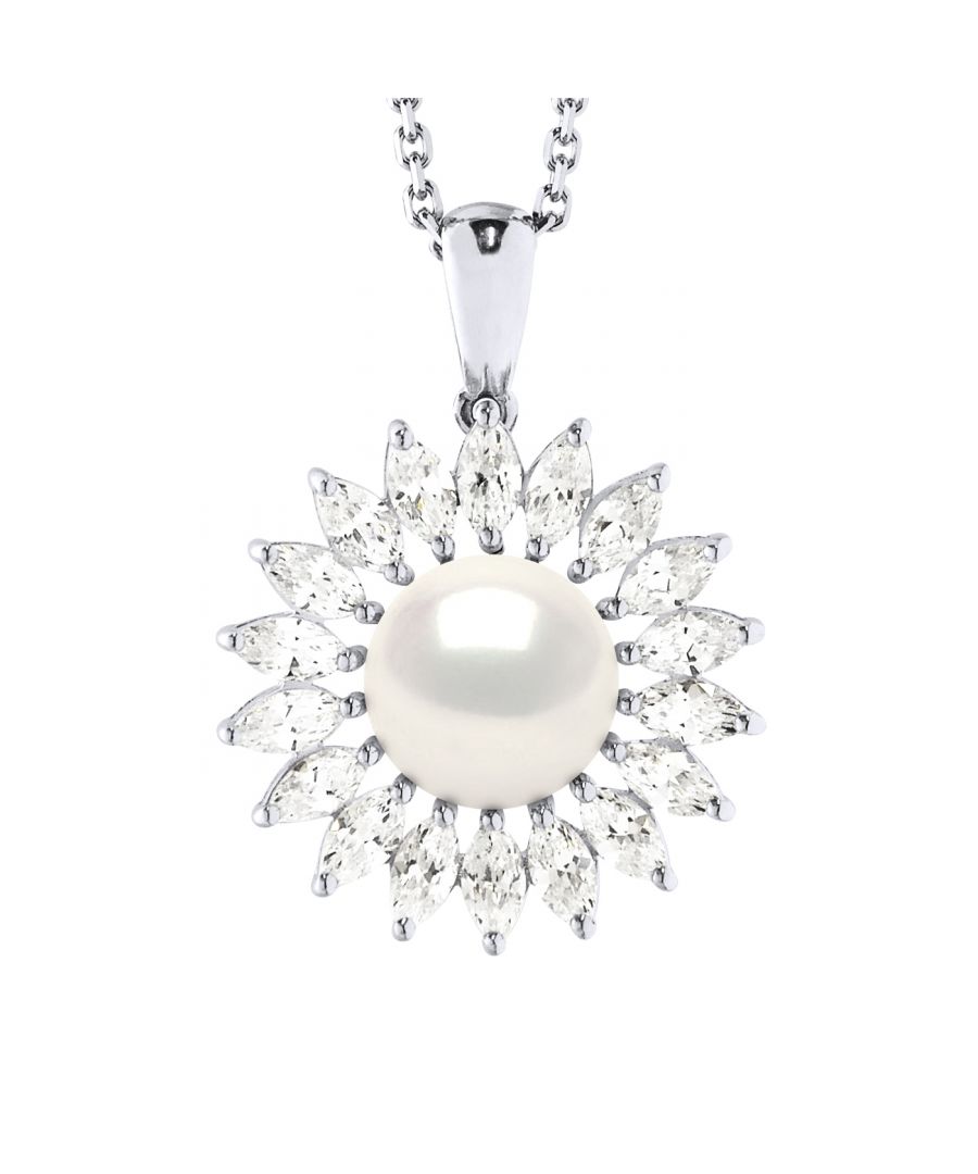 Necklace - Freshwater Pearl 8-9mm button - Pattern Sun - Knitwear convict - 925 Thousandth rhodium - Length: 42 cm - Delivered in a case with a certificate of authenticity and an international guarantee - All our jewels are made in France.