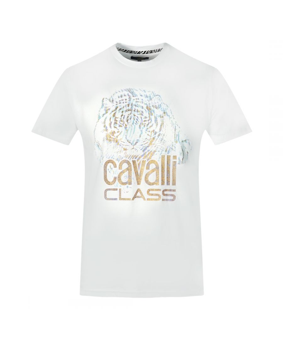Cavalli Class Large Tiger Logo White T-Shirt. Add an iconic twist to your wardrobe with this Cavalli class Logo white T-Shirt. Crafted from 100% cotton for a soft and lightweight feel, this t-shirt features a crew neck, short sleeves, and Cavalli Class White Tee. Ideal for everyday wear, the regular fit is designed to fit true to size.. Crew Neck, Short Sleeves, Cavalli Class White Tee. 100% Cotton. Regular Fit, Fits True To Size. Style Code: QXT61W JD060 00053