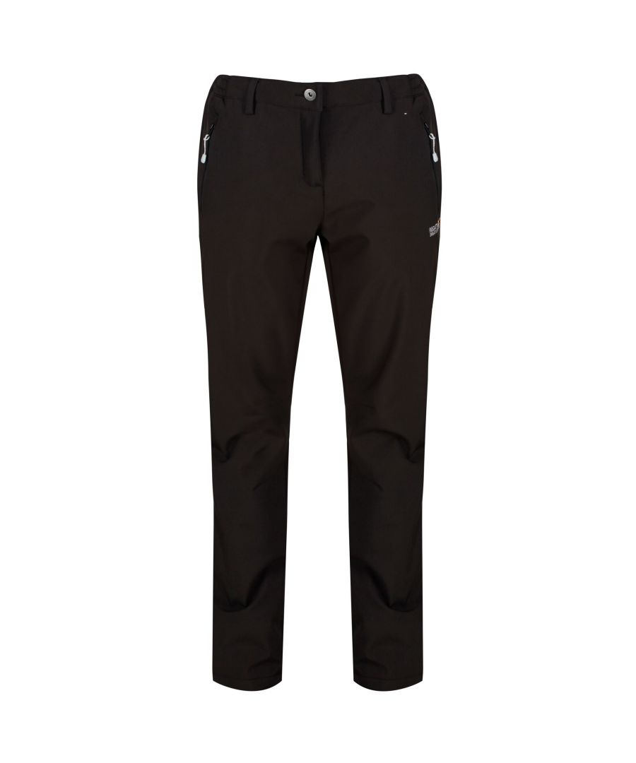 The womens Geo Softshell XPT II Trousers use a breathable, wind resistant membrane with a DWR (Durable Water Repellent) finish for maximum comfort on demanding days. They stave off showers and gales and keep you warm while allowing superb mobility. Packed with handy pockets and part elastic at the waist for comfort as you move, they have proven to be a best-selling performance trousers year-on-year. Leg length - 31ins. Regatta Womens sizing (waist approx): 6 (23in/58cm), 8 (25in/63cm), 10 (27in/68cm), 12 (29in/74cm), 14 (31in/79cm), 16 (33in/84cm), 18 (36in/91cm), 20 (38in/96cm), 22 (41in/104cm), 24 (43in/109cm), 26 (45in/114cm), 28 (47in/119cm), 30 (49in/124cm), 32 (51in/129cm), 34 (53in/135cm), 36 (55in/140cm). 4% Elastane, 96% Polyester.
