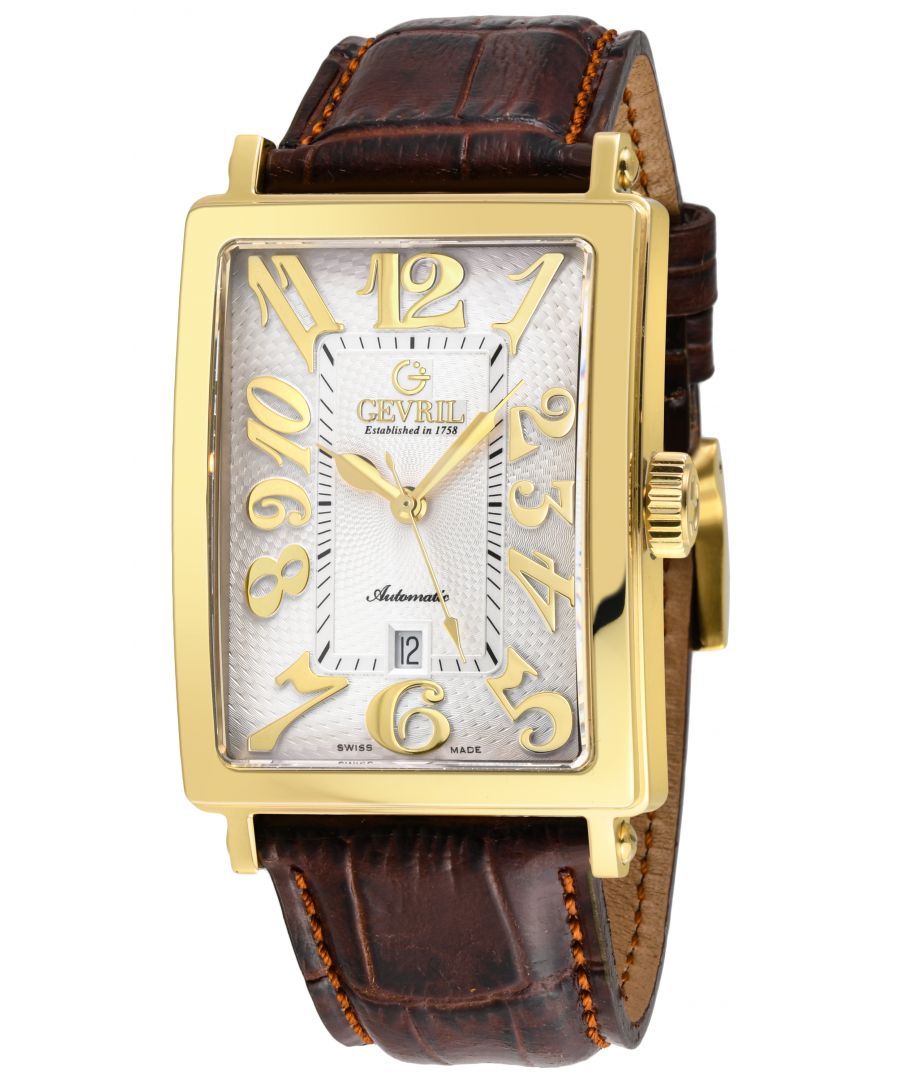 Gevril 15100-7 Men's Avenue of America Swiss Automatic Watch\n\nGevril Men's Swiss Watch from the Avenue of Americas Collection\n44mm Rectangle IPYG Case, White Dial, Screw Down Crown\nDate at 6 o'clock\nGenuine Dark Brown Handmade Leather Strap with Tang Buckle\nAnti-reflective Sapphire Crystal\nWater Resistant to 50 Meters/5ATM\nSwiss Made Automatic, Sellita SW200 Movement
