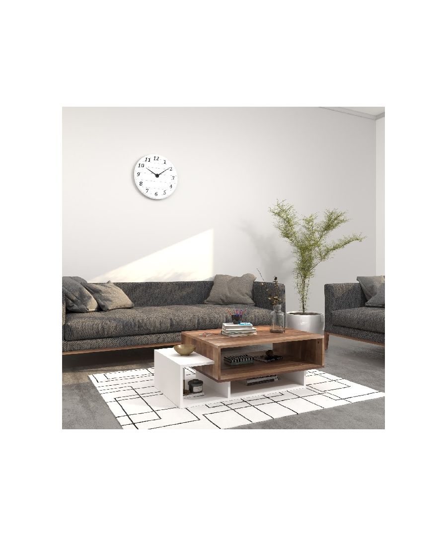 This stylish and functional coffee table is the perfect solution for furnishing the living area and keeping magazines and small items tidy. Easy-to-clean and easy-to-assemble kit included. Color: White, Wood | Product Dimensions: W100xD60xH35 cm | Material: Melamine Chipboard | Product Weight: 21,80 Kg | Supported Weight: - | Packaging Weight: 25,00 Kg | Number of Boxes: 1 | Packaging Dimensions: W68xD102xH9 cm.
