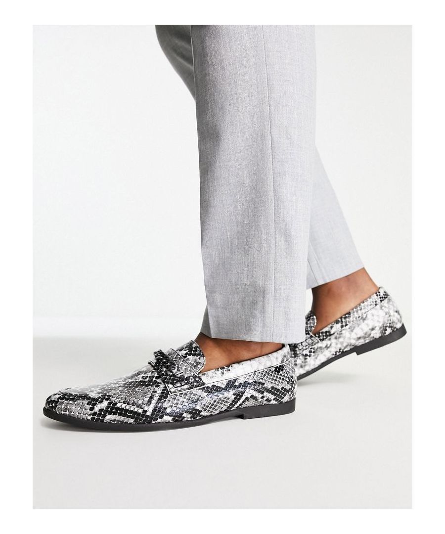 Loafers by ASOS DESIGN Two reasons to add to bag Faux-snake design Slip-on style Chain detail Round toe Flat sole Sold by Asos