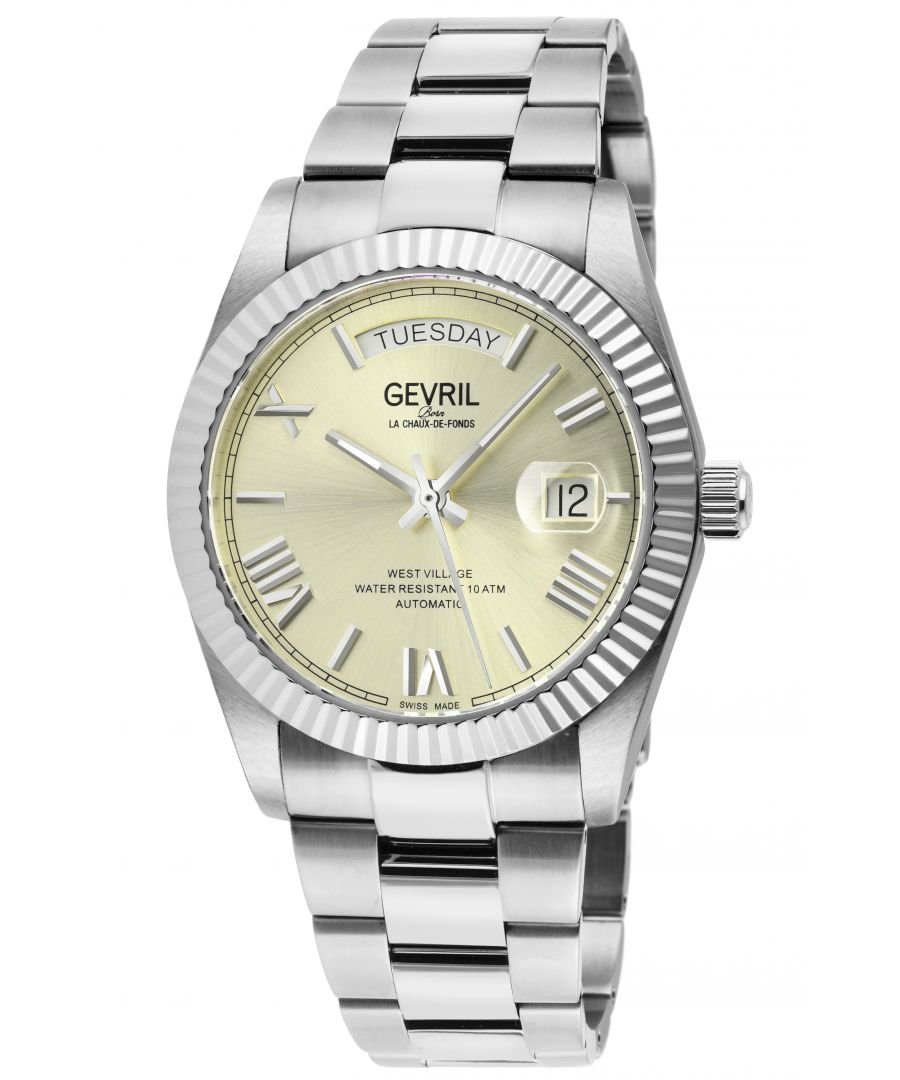 Gevril 48951B Men's West Village Swiss Automatic Watch\n\nGevril Men's Swiss Automatic from the West Village Collection\n40mm Stainless Steel Satin and Polished Case, Silver Fluted Bezel, Ivory Sunray Dial\nDay at 12 O'clock - Exhibitions Case back\nScrew down Crown, Luminous Hands\n316L Stainless Steel Satin and Polished Bracelet With Deployment Buckle\nAnti-reflective Sapphire Crystal\nWater Resistant to 100 Meters/10ATM\nSellita SW200, Swiss Automatic Movement