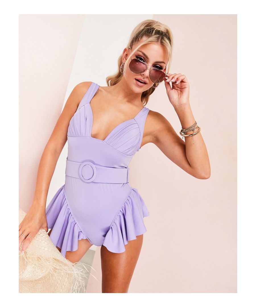 Swimwear & Beachwear by ASOS Luxe Meet you by the pool Plunge neck Non-padded cups Belted waist Frill detailing Clasp closure  Sold By: Asos