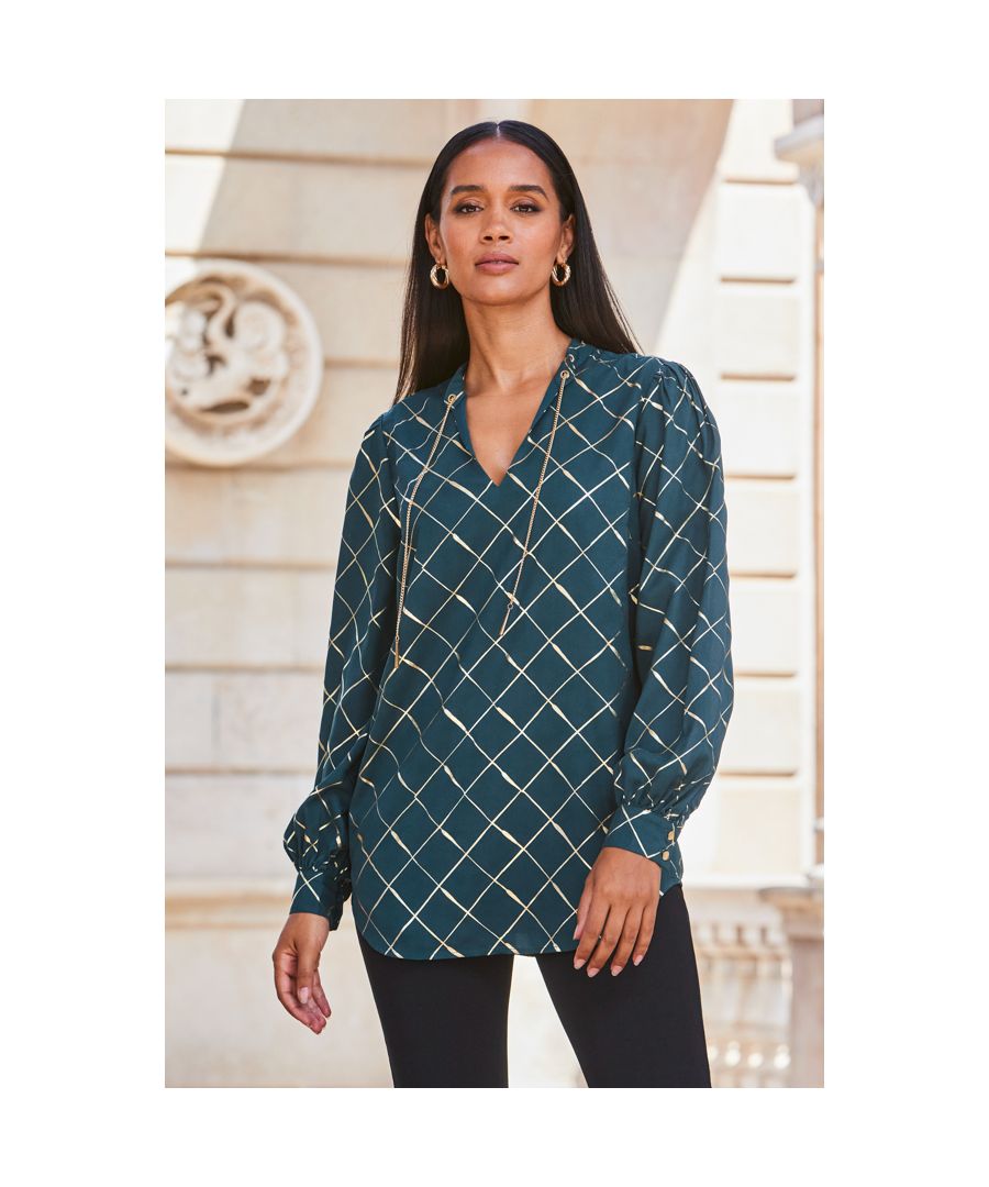 Sosandar Womens Green & Gold Check Print Chain Lace Up Blouse - Size 8 UK