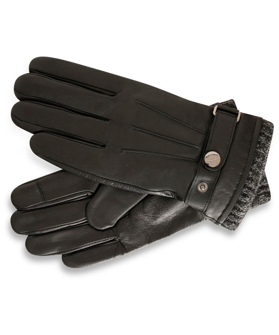 Comfy and cosy, these real leather gloves feature a grey ribbed cuff and a fleece style polyester lining. The front of the gloves also feature subtle leather strap detailing.
