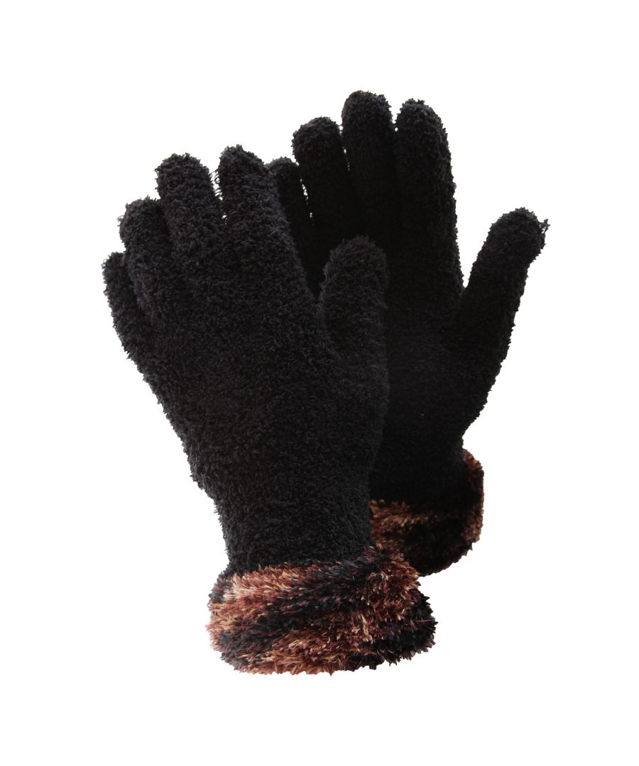 Soft fluffy gloves. Stretchable and warm. 100% Polyester. Machine washable