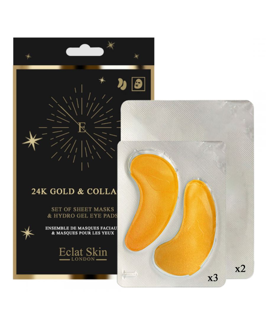 This is a perfect gift of 24K Gold & Collagen Eye pads & Sheet Masks.\n\nThe kit contains:\n3 x hydro-gel eye pads\n2 x sheet masks\nEye Pads Directions for usage: Apply each pad to the underside of each eye. Leave for 10-15 minutes. Remove and gently massage in any residue. Do not re-use the pads. Use weekly.\n \nTwo luxury 30-minute hydration treatment sheet masks with a pioneering formula that contains Hyaluronic Acid, Collagen, Algae Extract and three natural extracts high in antioxidants. Designed to hydrate, nourish and plump dehydrated and dull looking skin. Use before makeup, special event or as a weekly relaxation and hydration treatment.\n\nSheet Masks Directions for usage: Apply mask to clean, dry skin, and smooth out with fingers. Take the mask off after approximately 30 minutes. Delicately massage the remaining serum in, and allow it to be fully absorbed or wipe away with a cloth.
