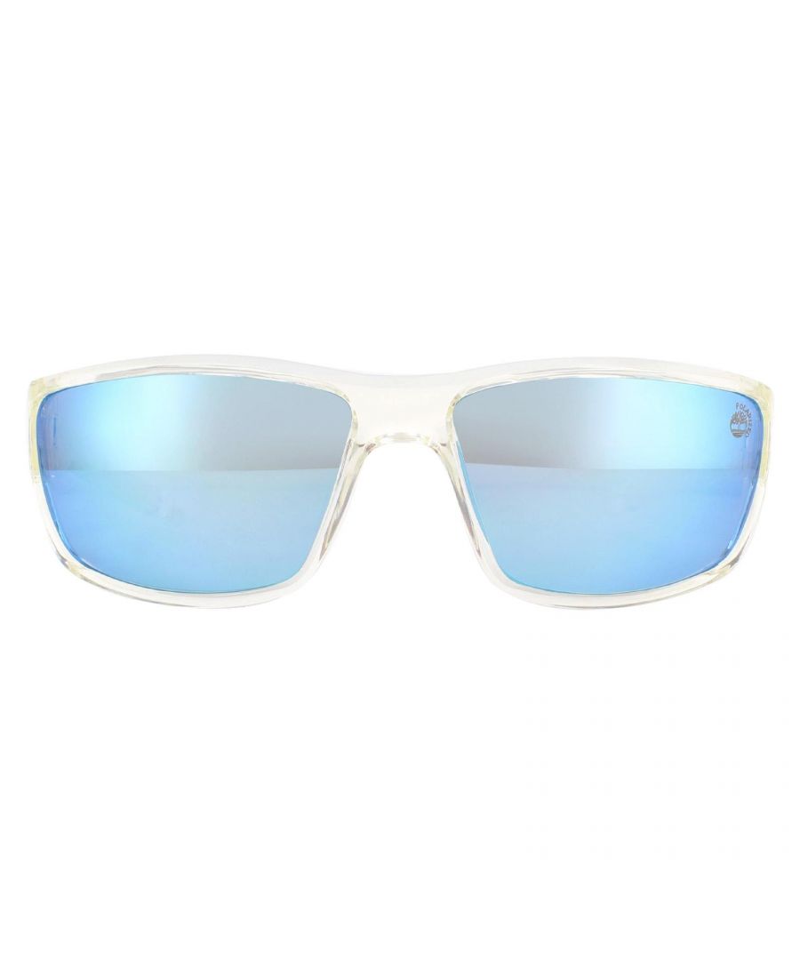 Timberland Sunglasses TB9153 26H Shiny Crystal Blue Polarized are a wrap around sporty style with wide stepped arms for extra strength and side protection