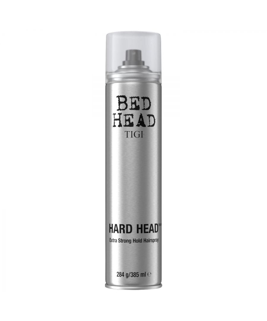 Hard Head is Bed Head's most popular strong hold hairspray! This super firm holds spray fixes hair in place for long-lasting hairstyles. The hair spray dries instantly with a natural shine finish.\n\nPerfect for styling all hair types! Hold the spray 10-12 inches from hair and spray over styled hair or spot spray as desired. Layer Hard Head Hairspray to increase firmness. Top Tip: This is our strongest hairspray and gets stronger if you need it to. Apply in layers for an even firmer hold.\n\nFormulated with a Hard-Core Fixative creating a stronghold for long-lasting hairstyles, a Plasticizer that makes the spray set more rigidly for styles that stay put, and a Low Fixative Neutralizer for an incredible hold that doesn't budge! The hairspray is 385ml and comes with an amazing Citrus Berry fragrance!\n\nFeatures :\nExtra strong hold hairspray\nSuper firm hold fixes hairstyles in place\nSpray dries instantly\nWith a natural shine finish\nBed Head by Tigi Hard Head Hard Hold Hairspray is great for styling all hair types\n\nHow to use :\nStep 1 - Start on a finished hairstyle\nStep 2 - Spray Hard Head Hairspray all over finished look in short bursts from a distance of 10-12 inches\nStep 3 - Layer to increase firmness - the more you spray, the harder it gets!\n\nUsage Instructions: Hold the spray 10-12 inches from hair and spray over styled hair or spot spray as desired. Layer Hard Head Hairspray to increase firmness. Top Tip: This is our strongest hairspray and gets stronger if you need it to. Apply in layers for an even firmer hold.\n\nSafety measures: Avoid contact with the eyes. If contact occurs, rinse with water.\n\nContents in Package: 1pk of Bed Head by TIGI Hard Head Hairspray for Extra Strong Hold, 385ml