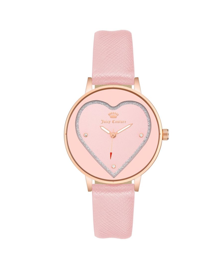 Juicy Couture Watch JC/1234RGPK\nGender: Women\nMain color: Rose Gold\nClockwork: Quartz: Battery\nDisplay format: Analog\nWater resistance: 0 ATM\nClosure: Pin Buckle\nFunctions: No Extra Function\nCase color: Rose Gold\nCase material: Metal\nCase width: 38\nCase length: 38\nFacing: Rhine Stone\nWristband color: Rose\nWristband material: Leatherette\nStrap connecting width: 16\nWrist circumference (max.): 23\nShipment includes: Watch box\nStyle: Fashion\nCase height: 8\nGlass: Mineral Glass\nDisplay color: Pink\nPower reserve: No automatic\nbezel: none\nWatches Extra: None