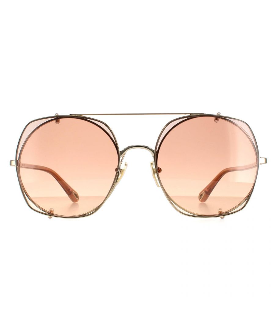 Chloe Aviator Womens Gold Brown Gradient CH0042S  Sunglasses are a chic round style with a sculptural wired frame, top brow bar and temples etched with the Chloe logo for authenticity.