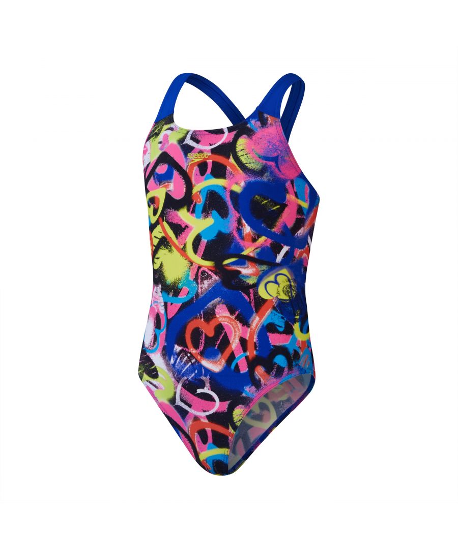 Speedo Girls Girl's Digital Allover Powerback Swimsuit in Blue pink - Size 11-12Y