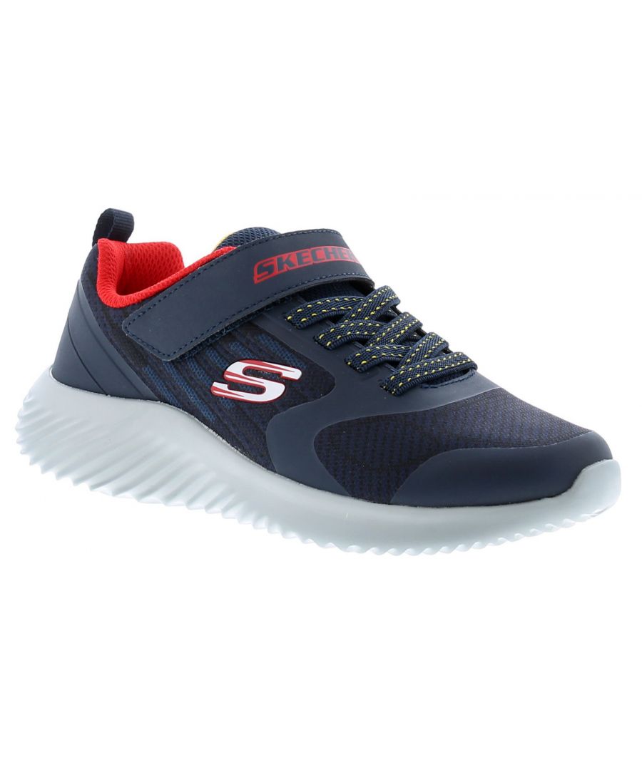 Skechers Bounder Gorven Boys Trainers In NavyBoys Lightweight Mesh And Synthetic Upper Trainer With Strap And Elasticated Lace Up System. Memory Foam Insole. Phylon Midsole. Machine Washable.Fabric UpperFabric LiningSynthetic SoleSkechers Childrens Kids Bounder Gorven Trainers Sneakers