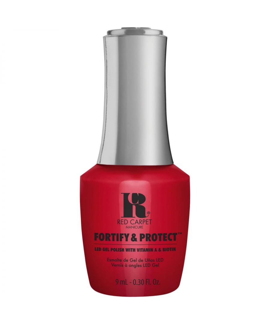 LED gel polish\n\n\n\n\n\nClassic red colour\n\nUniquely formulated with key vitamins for stronger nails\n\nRequires LED light to cure\n\nLasts up to 21 days\n\nApplies evenly and streak free\n\nSalon-quality results in your own home\n\n\n\n\n\n\n\nAchieve a salon-quality manicure thanks to Red Carpet Manicure's new gel polish formula. The polish protects nails with Vitamin A and Biotin and encourages long-lasting results of up to 21 days. The Fortify & Protect range has been designed with a new bottle, cap and brush which applies evenly and streak-free for that perfect salon finish.\n\n\n\n\n\nRed Carpet Manicure Red Carpet Premiere 9ml