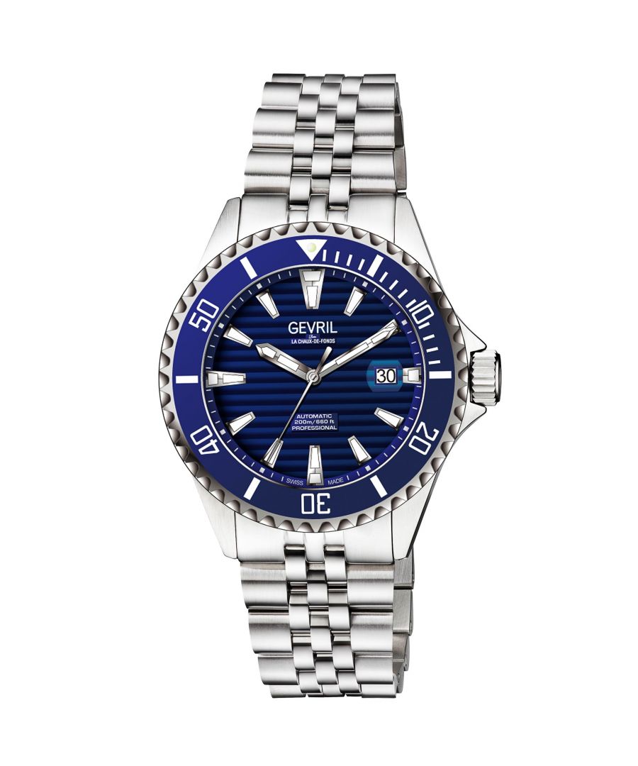 Gevril 42601 Men's Chambers Swiss Automatic Watch\n\nGevril Men's Chambers Swiss Automatic Watch\n42mm 316L Stainless Steel Case with Blue/Silver Ceramic Bezel\nBlue Dial, Date Magnifier, Screw Down Crown\n316L Stainless Steel Bracelet With Deployment Buckle\nAnti-reflective Sapphire Crystal\nWater Resistant to 200 Meters/20 ATM\nSwiss Made Automatic, Sellita SW200 Movement