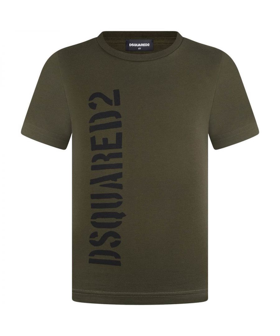 Dsquared² boys t-shirt in a khaki hue with a round neckline, short sleeves, the decorative horizontal logo print on the front.