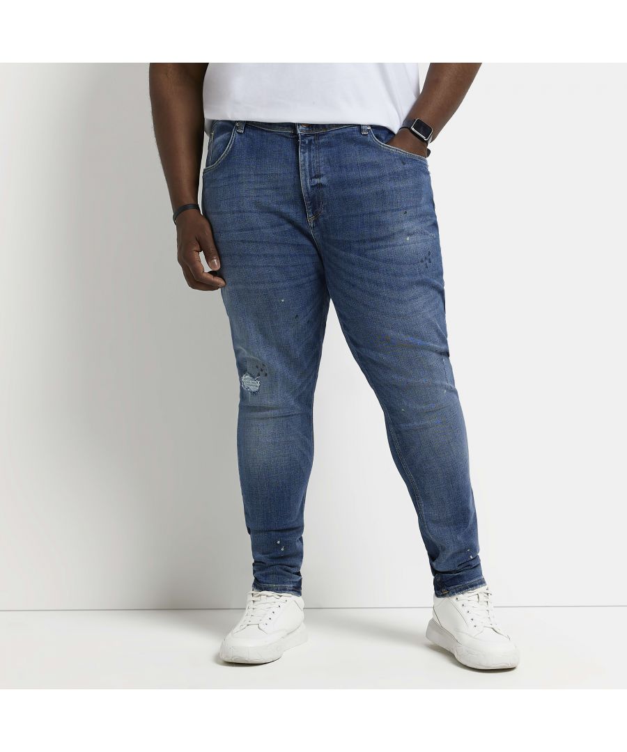 > Brand: River Island > Department: Men > Material Composition: 95% Cotton 5% Elastane > Material: Cotton > Type: Jeans > Style: Skinny > Size Type: Big & Tall > Fit: Extra-Slim > Pattern: No Pattern > Occasion: Casual > Season: SS22 > Pocket Design: 5-Pocket Design > Fabric Wash: Medium > Closure: Button > Distressed: Yes > Brace Buttons/Belt Loops: Belt Loops