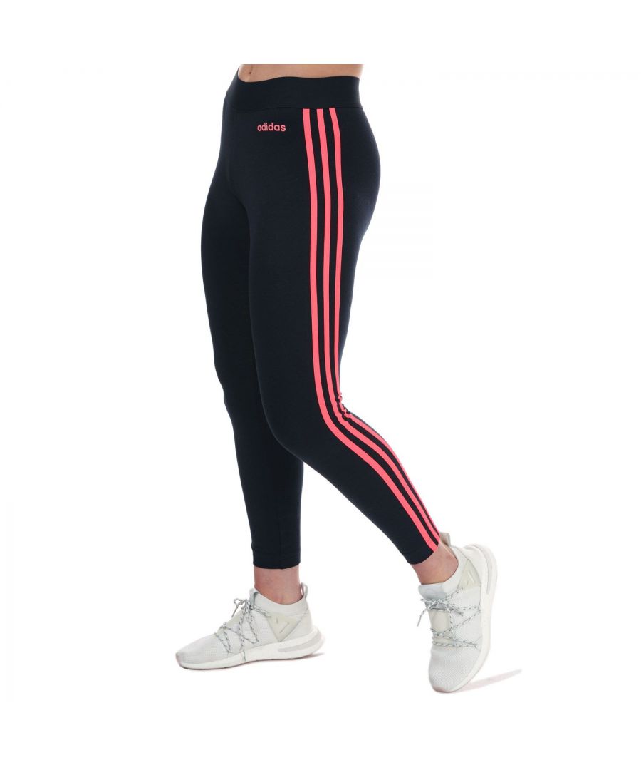 adidas Womenss Essentials 3-Stripes Leggings in Navy Pink Cotton - Size 8 UK
