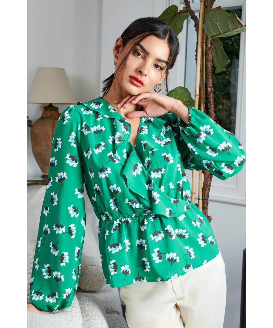 Image for Green Floral Long Sleeve Wrap Top