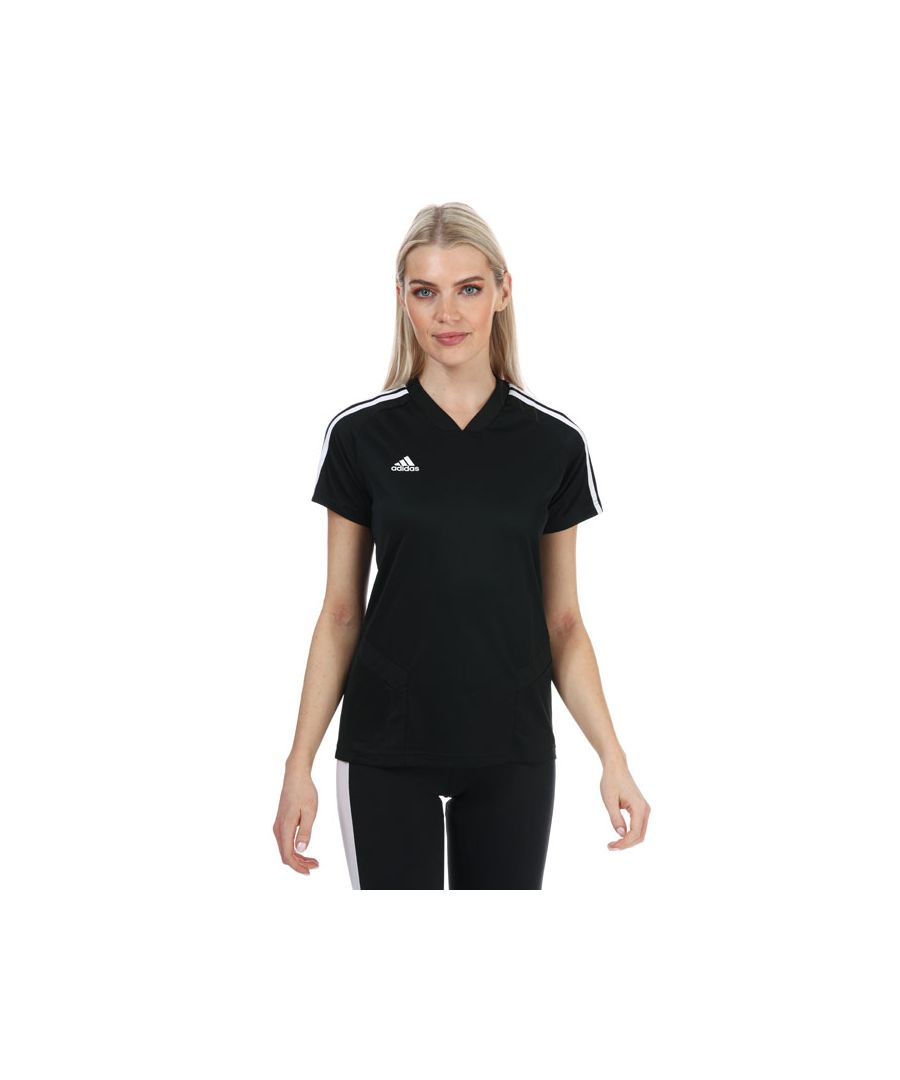 Womens adidas Tiro 19 Training Jersey in black- white.- Ribbed V-neck.- Short sleeves.- Climacool ventilation.- Mesh inserts on sides.- Regular fit.- Main Material: 51% Polyester  49% Polyester (Recycled). Mesh Part: 100% Polyester (Recycled).  Machine washable. - Ref: D95932