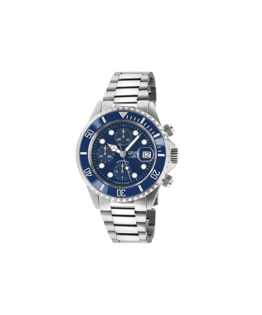 Gevril Men's Wall Street Chrono Blue Dial Blue Ceramic Bezel Stainless Steel Bracelet.\nAn accessory to success.\n\nA distinctive, Swiss-made timepiece is always a sound investment. Artfully reminiscent of the famed New York City skyline, each watch in the Gevril Wall Street Collection commands attention with a stainless steel, architectural design.\n\nThe unidirectional rotating bezel frames sapphire-doomed, anti-glare crystal. Detailed to perfection, a magnified lens showcases luminous indices and hands on a contrasting dial. Form never suffers to function: each watch is water resistant for up to 200 meters and features a stainless steel bracelet with folding deployment closure.\n\nAvailable in a series of sleek dial colorways, the Wall Street Collection makes a strong statement.\n\nGevril Men's 4150A Wall Street Chronograph Swiss Automatic Watch\n\nGevril Men's Wall Street Stainless Steel Bracelet Watch\n43 mm Round 316L Stainless Steel Case, Chronograph with 3 sub dials 1/8-seconds counter, 30-minutes counter, 12-hours counter\nUnidirectional rotating Blue Ceramic bezel, Blue Dial, Luminous Hands\nMagnified date window, Screw down crown\n316L Stainless Steel Bracelet With Deployment Buckle\nAnti-reflective Sapphire Crystal\nWater Resistant to 200 Meters/20 ATM\nSwiss Automatic Chronograph Movement Sellita SW500