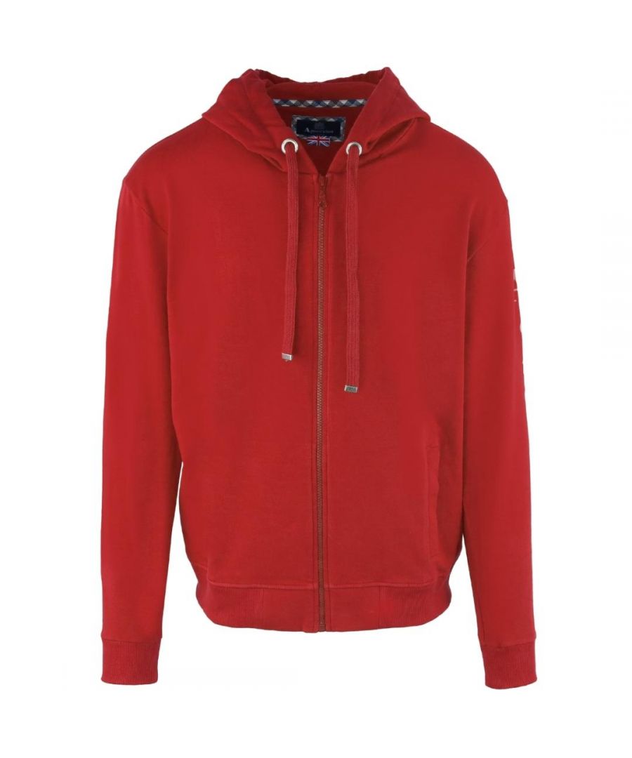Aquascutum Aldis-logo rode hoodie met rits. Elastische mouwuiteinden en taille, capuchon met trekkoord. Sweatshirt van 100% katoen, grote kangoeroezak. Normale pasvorm, valt normaal qua maat. Stijlcode: FZIA37 52