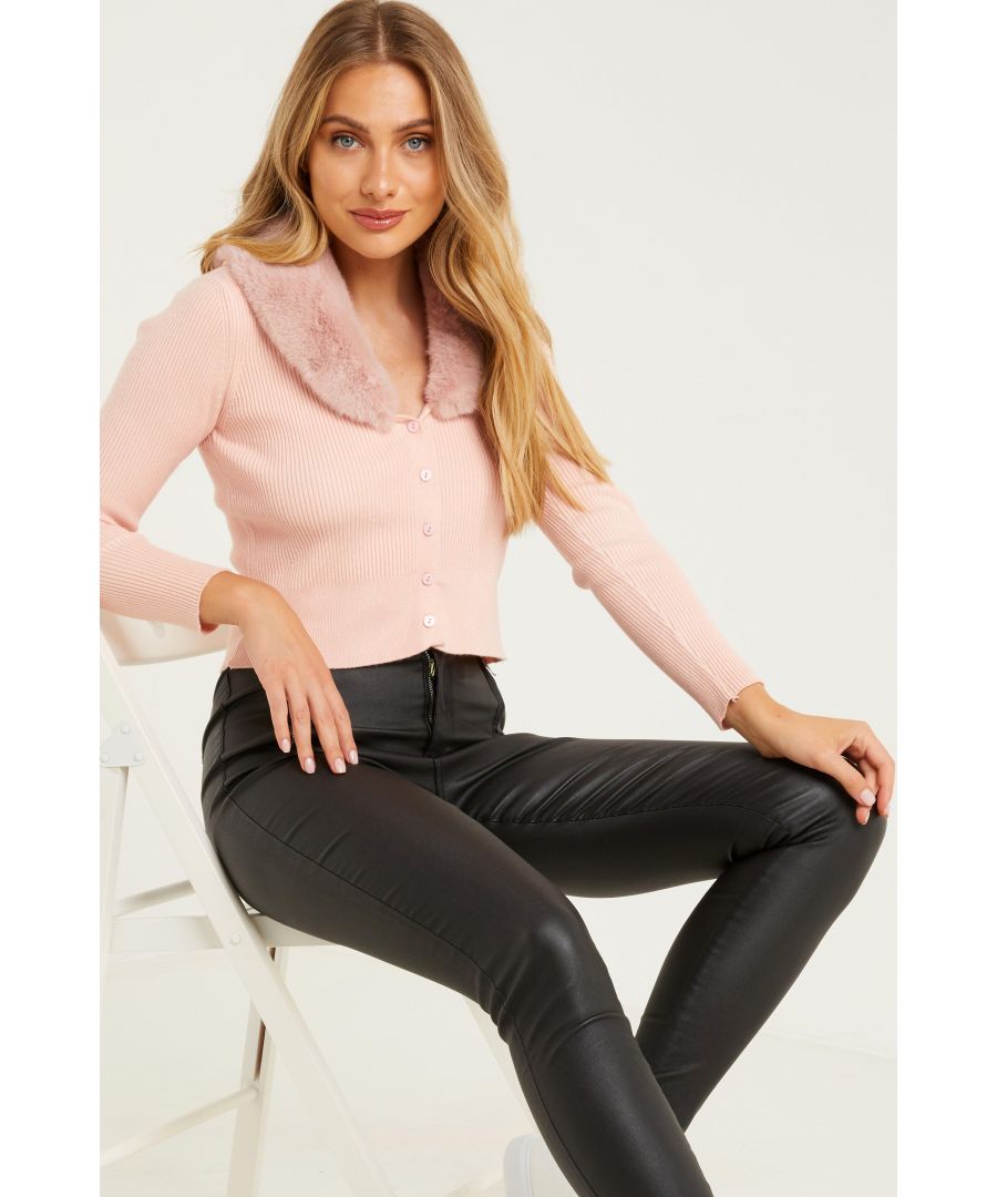 Image for Pink Fur Collar Crop Cardigan