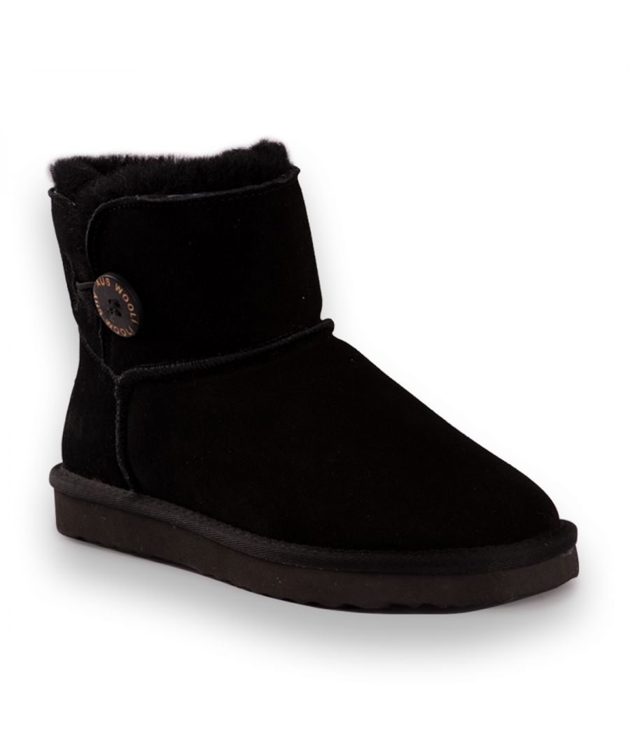 Button featured sheepskin boot – easy to slip on\n\nFull leather Suede upper -Water Resistant\nSoft premium genuine Australian Sheepskin wool lining \nSustainably sourced and eco-friendly processed \nUnisex boots – button trim for that extra fashion kick \nRubber High-density EVA blend outsole - making it lighter, softer and more durable \nDouble stitching and reinforced heel \nSheepskin breathes allowing feet to stay warm in winter and cool in summer \n100% brand new and high quality, comes in a branded box, suitable for a gift
