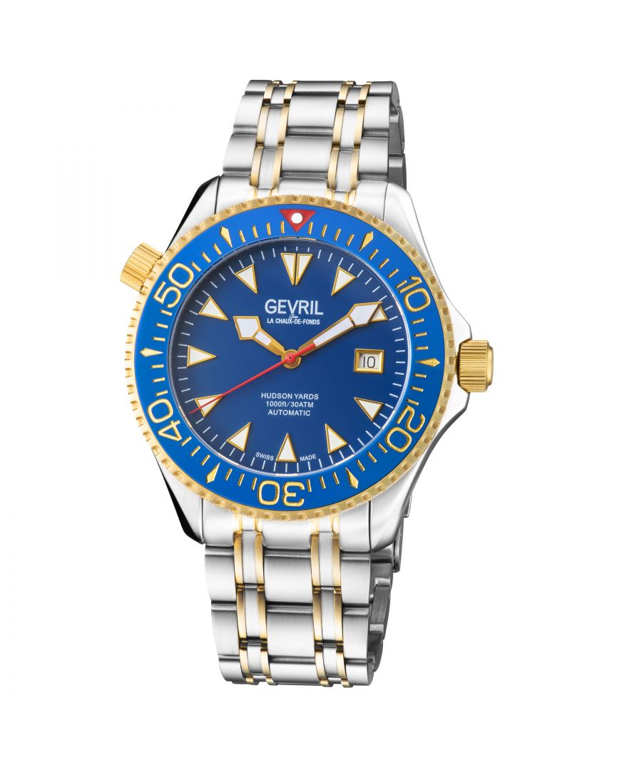 The newest addition to the Divers Collection, Hudson Yards perfectly encapsulates the culture and commerce of Manhattan’s lower west side gated community. Whether shopping the Yards, dining or diving, the Hudson Yards collection is a winner.\n\nIn six unique styles, each timepiece makes a bold statement equally fit for 300 meters below or fine dining above. In classic black or diver blue watch face, gold or silver stainless steel, Hudson Yards is expertly crafted with Gevril’s quintessential automatic Swiss movement. Not only stylish, the collection is water resistant up to 300 meters or 1,000 feet replete with a helium release valve suitable for serious divers.\n\nThe train track style bracelet isn’t solely strong form— its function won’t break or bend. In a handsome design including luminous markers and a ceramic rotating bezel, each fortified piece is handcrafted for endurance and showmanship.\n\nBefitting the depths of the ocean or the tables of a Michelin star, Hudson Yards hits the mark.