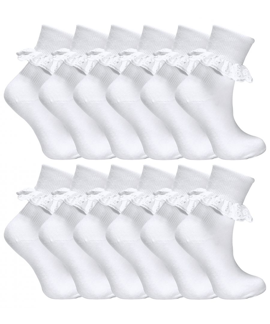 12 Pack Girls Cotton Frilly Lace SocksYour Girls need to have classic socks to top up their sock drawer. You need to make sure they’ve got enough socks to last them as long as possible. That’s why these Cotton Rich 12 Pack Frilly Lace Socks are the perfect bundle to stock up on!Cute, soft and comfortable, our girls' fancy lace socks are great socks for casual wear and even for school days while running around the playground as they don’t keep riding down. They can also be worn during normal / casual weekends when they are full of energy!They are a short calf design with a frilly lace lining on the top of the sock. The Cotton Rich content also means they are super soft and cosy, perfect for all year round wear keeping their feet warm in the winter and cool in the summer.They wash beautifully and do not shrink when washed. Just follow the washing instructions on the packaging. They are available in classic pure White.There are 7 sizes to choose between; 0-0 uk (0-6 Months), 0-2.5 uk (6-12 Months), 3-5.5 UK (1-2 Years), 6-8.5 UK (2-3 Years), 9-12 UK (4-6 Years), 12-3 UK (7-10 Years), 4-5.5 UK (11+ Years) They’re made from 75% Cotton, 25% Polyamide and are Machine Washable.Extra Product DetailsGirls Frilly Lace SocksCotton Rich FibresSoft & Comfortable12 Pair Value PackIdeal For Casual WearCan Be Worn For SchoolDesigned For Girls7 Size OptionsMachine Washable