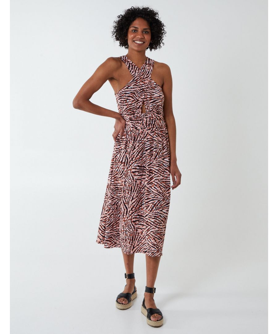 Stand out from the crowd with this tiered leopard print maxi dress! This sleeveless, high neck dress it's perfect addition to any kind of party you are going to attend in this season.  Compliment with wedges for the ultimate glamorous summer look!\n100% Polyester , Made in China, Machine washable  , Halter neckline , Sleeveless , Approx length 129 cm  , Back button, Model wears size 8, Model height: 5'10