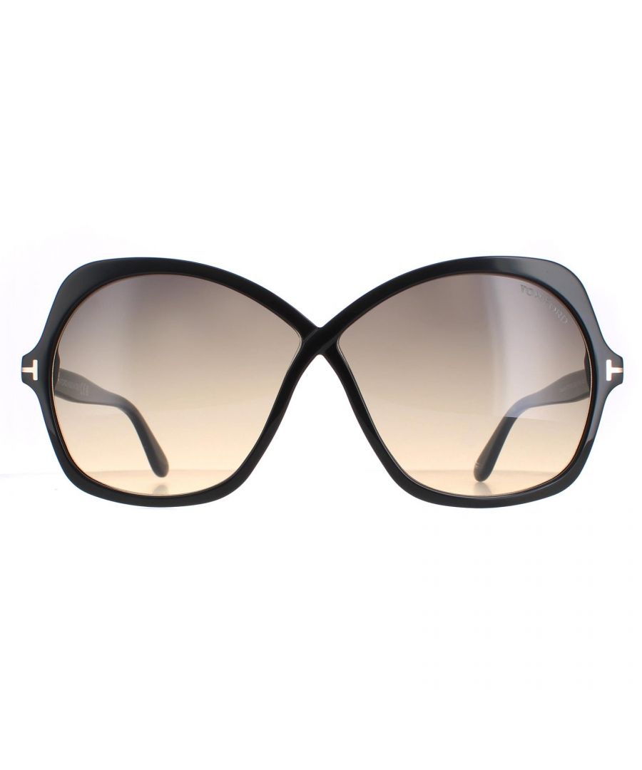 Tom Ford Butterfly Womens Shiny Black Smoke Gradient Rosemin FT1013  Sunglasses are a bold and fashion-forward accessory. These sunglasses feature a butterfly frame with a unique and modern design. The frames are made from high-quality acetate and are available in a variety of colours. The signature Tom Ford 'T' is prominently displayed on the temple of the frames, adding a touch of luxury to this already fashionable pair of sunglasses. Perfect for any occasion, these sunglasses will elevate any outfit and make a statement. The butterfly shape combined with the unique design makes these sunglasses stand out and will make you look stylish and fashionable.