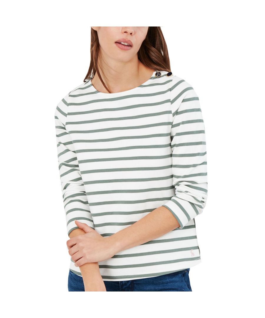Classic and super easy to style, Breton tops are a staple for your wardrobe. Our Aubree top is crafted from hardwearing jersey, has long, slim fitting sleeves and a round neckline. It wouldn't be a Breton-inspired top if it wasn't finished off with some horizontal stripes and to add a touch more of the nautical, we've added two buttons to the left shoulder (as worn).