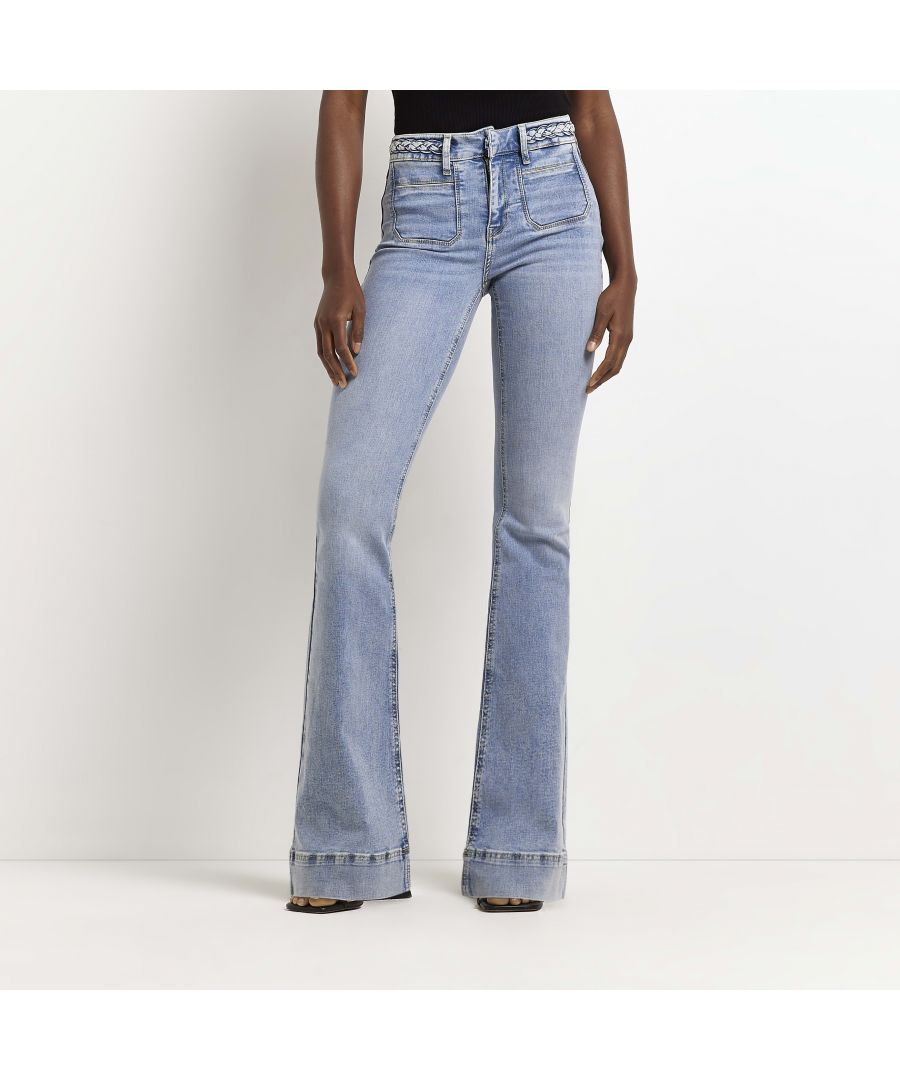 > Brand: River Island> Department: Women> Type: Jeans> Style: Flared> Material Composition: 89% Cotton 10% Polyester 1% Elastane> Material: Cotton Blend> Size Type: Regular> Fit: Slim> Pattern: No Pattern> Occasion: Casual> Season: AW22> Pocket Type: 5-Pocket Design> Fabric Wash: Light> Distressed: Yes> Rise: Mid (8.5-10.5 in)> Fabric Type: Demim