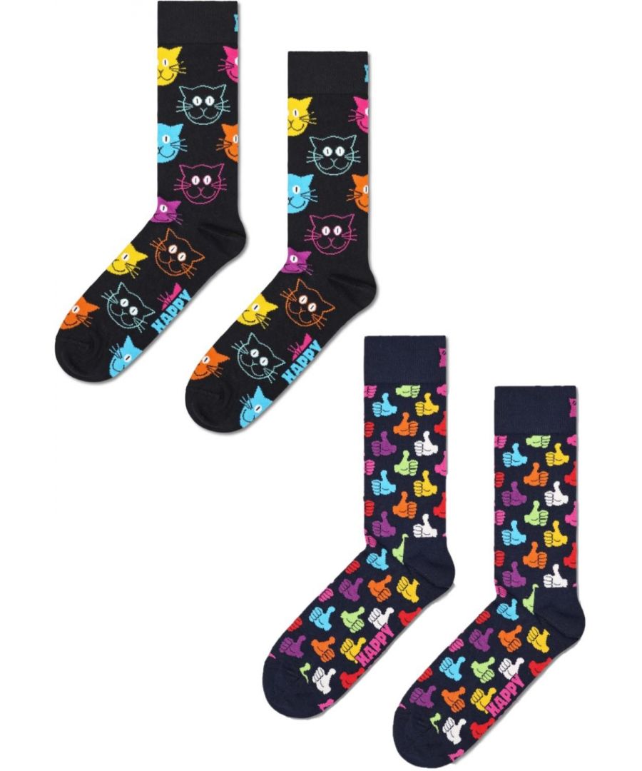 Happy Socks Unisex 2 Pack Classic Cat Thumbs Up Crew - Multicolour Cotton - Size UK 7-11