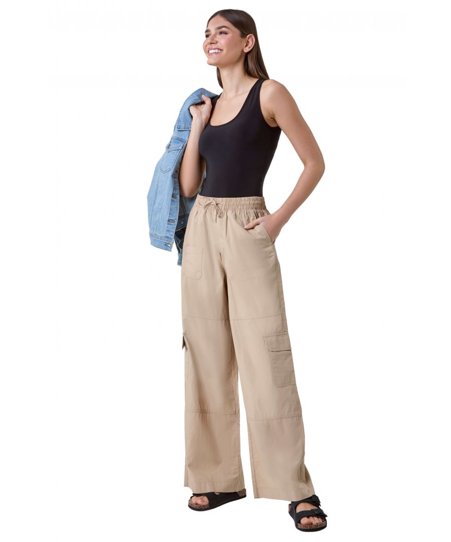 Roman Womens Elastic Waist Cotton Wide Leg Cargo Trousers - Beige - Size 20 UK