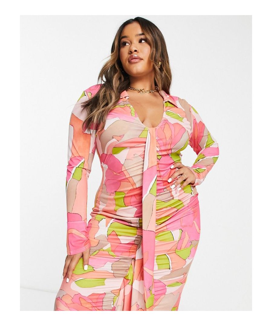 Plus-size dress by ASOS DESIGN A round of applause for the dress Spread collar Plunge neck Ruched front Sash detail Bodycon fit Sold by Asos