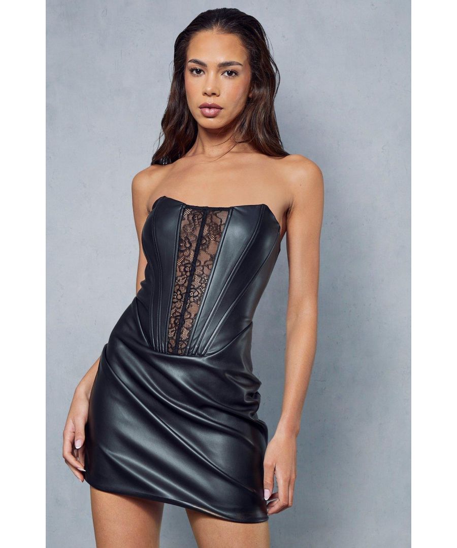 Misspap Womens Leather Look Lace Insert Corseted Bandeau Bodycon Mini Dress - Black - Size 10 Uk
