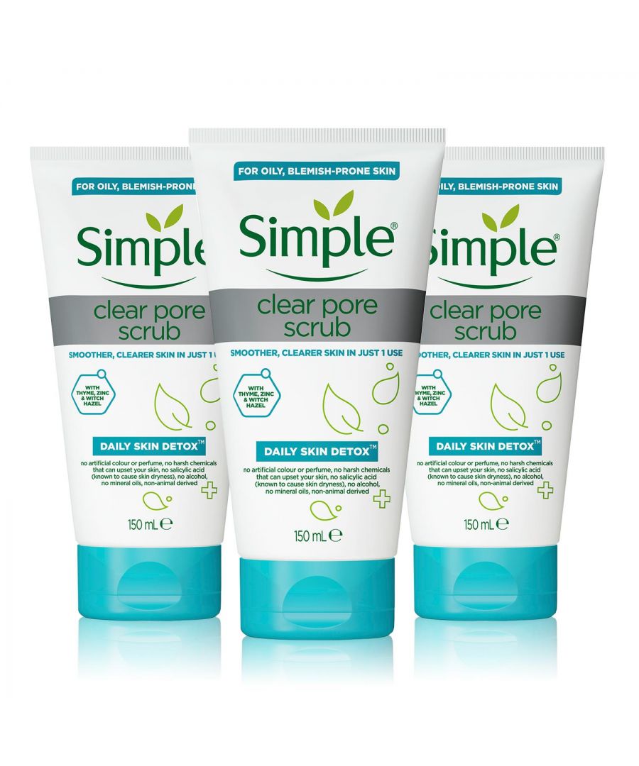 Refresh and renew your skin with the new Simple Daily Skin Detox Clear Pore Scrub, our exfoliating scrub specially designed for oily skin. Blended with thyme, zinc and witch hazel, this facial scrub cleanses deep down to help eliminate pore-clogging dirt, oil and makeup to leave skin purified. While added bamboo exfoliators gently refine pores and rough, uneven patches to leave skin clear and smooth. \n\nFeatures:\nSimple Daily Skin Detox Clear Pore Scrub leaves skin feeling smoother and clearer looking after just 1 use\nSpecially designed for oily skin, this face scrub deeply cleanses dirt, oil and makeup while being gentle on the skin\nFace scrub with added natural bamboo exfoliators to sweep away dead skin cells and help prevent clogged pores\nDesigned to resolve oily skin in the gentlest way, we recommend using the scrub 2-3 times per week\n\nHow to use: Lather a small amount in your hands. Using light pressure, massage onto wet skin and rinse thoroughly. Designed to resolve oily skin in the gentlest way, we recommend using it 2-3 times per week.