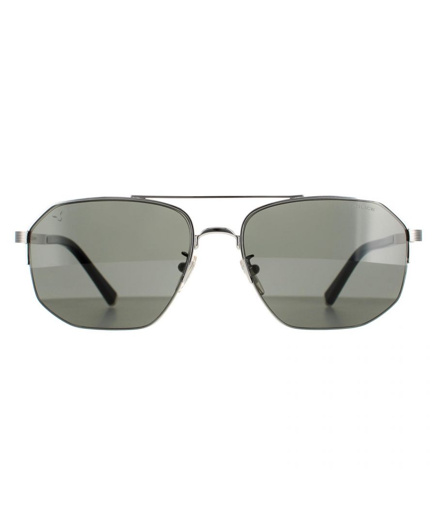 Police Rectangle Mens Shiny Full Palladium Smoke Grey SPLA25 Lewis 04  Police are a stylish aviator design crafted from lightweight metal. The double bridge, adjustable nose pads and plastic temple tips ensure comfortable all day wear. Police's emblem features on the slender temples for brand authenticity.