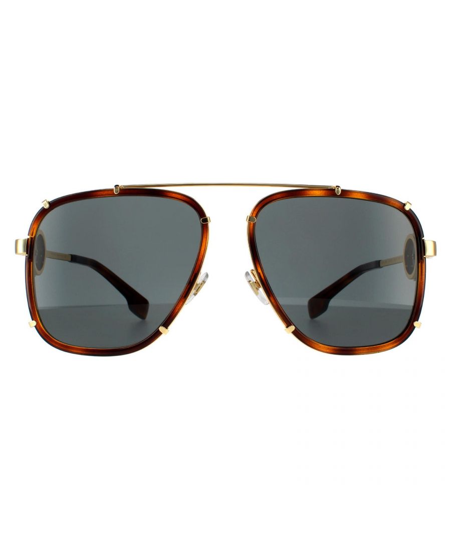 Versace Aviator Womens Havana Dark Grey Sunglasses VE2233 are a contemporary squared aviator design crafted from metal and plastic and embellished with large round Medusa head logos on the temples